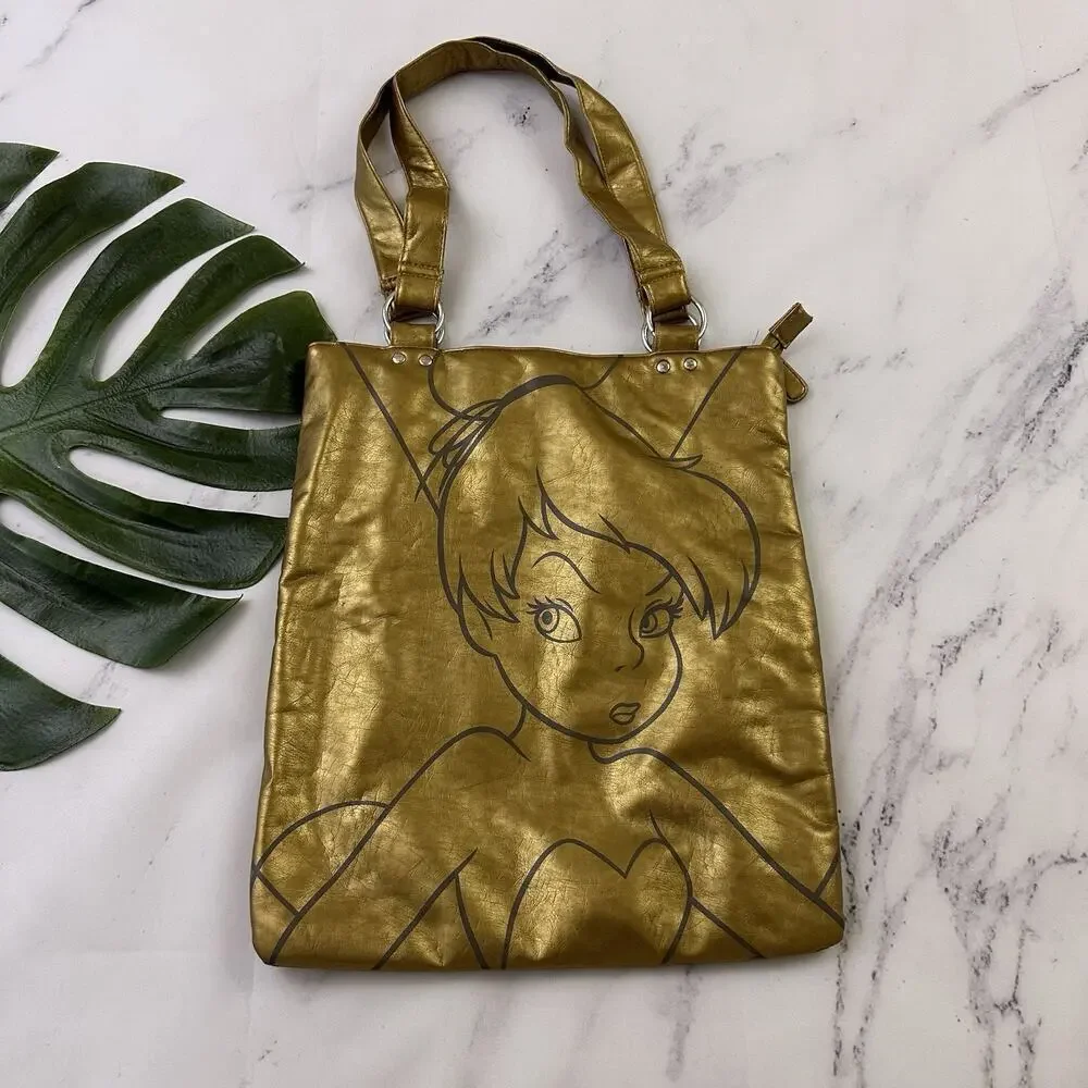 Disney Vintage Y2k Tinkerbell Tote Bag Purse Gold Faux Leather Metallic